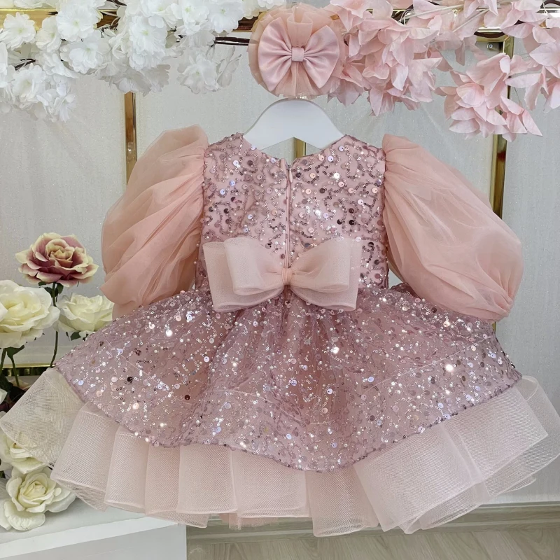 Flower Girl Dresses Dusty Pink Tulle Puffy Sequin With Bow Short Sleeve For Wedding Birthday Party Holy Communion Gowns