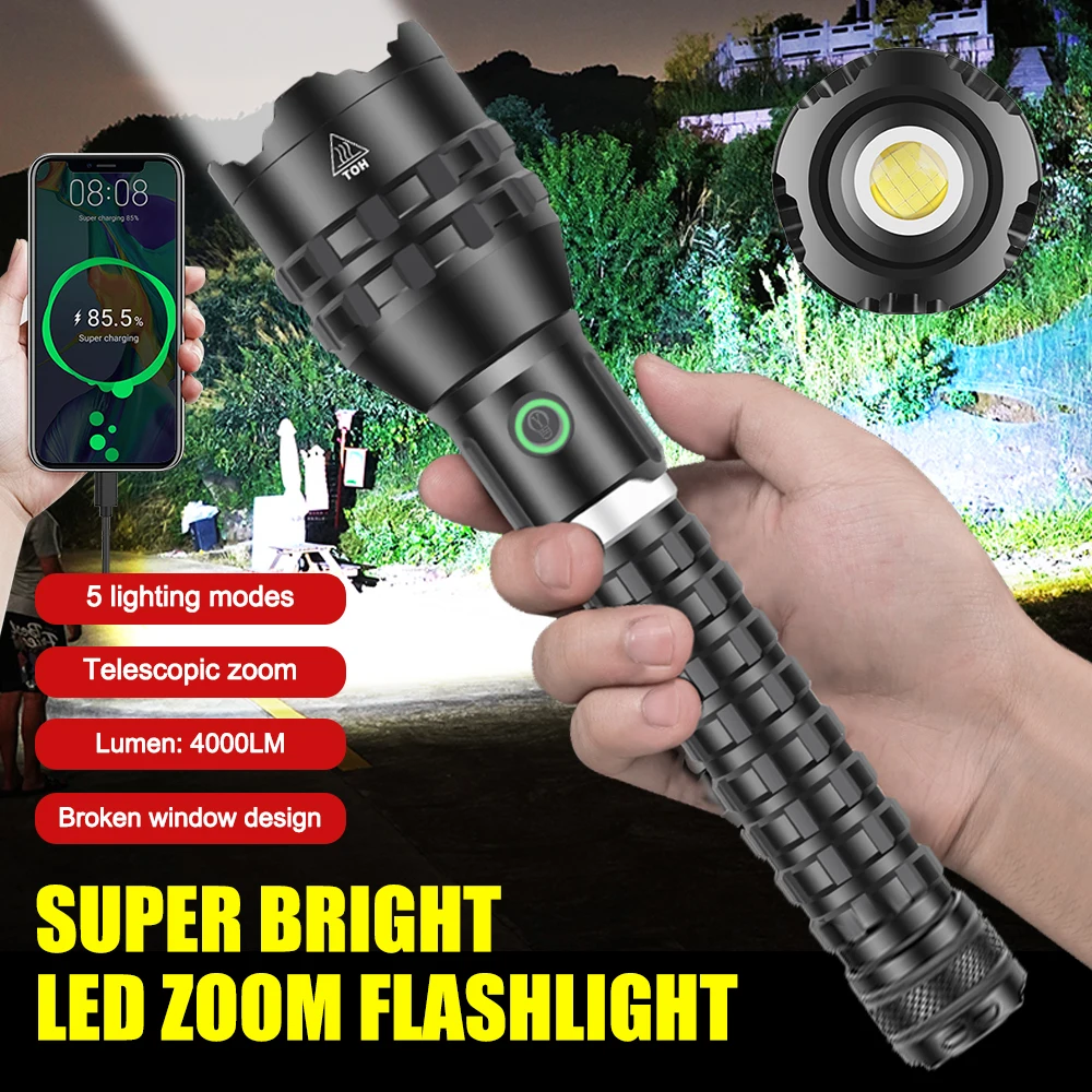 Strong Light Powerful LED Flashlight USB Rechargeble Zoom Lantern Torch IPX66 Waterproof Tactical Flash Light for Camping Light