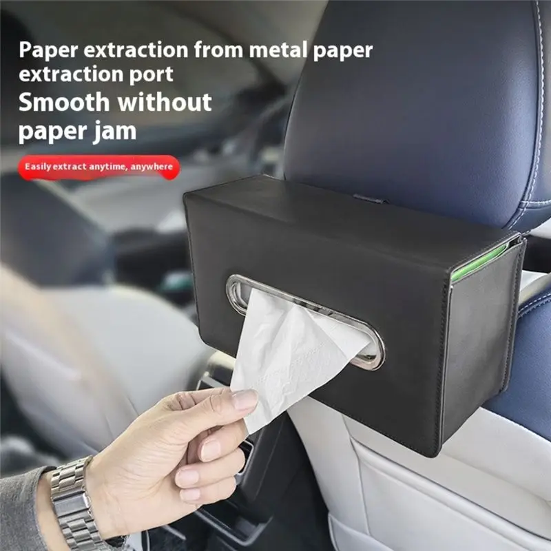 AT63-Leather Hanging Bag Car Tissue Box Seat Back Armrest Storage Box Backseat Tissue Case Fix Strap Car Interior Accessories Bl