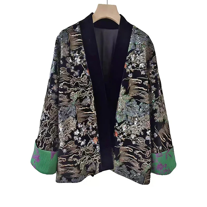 Winter New V-Neck Silk +Velvet Sequin Embroidered Coat  Contrasting Color Cuffs Lace Up Elegant Jacket for Women S-XL