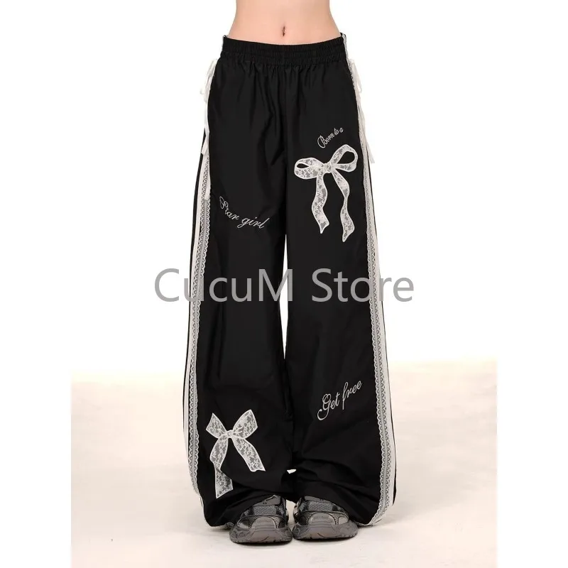 New Aesthetic Sweet  Wide Leg Pants High Waist Bow Lace Baggy Pants Female Y2k Loose Elastic Waist Trousers Women Desigr Chic