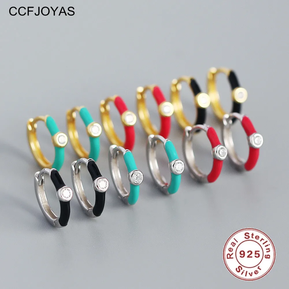 

CCFJOYAS 8.5mm Real 925 Sterling Silver Black/Red/Blue Enamel Small Hoop Earrings White Zircon Round Circle Women Earrings 2022