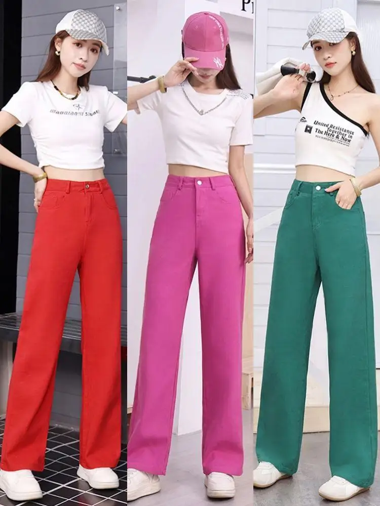 

Red High Waist Loose Straight Leg Jeans Women's Casual Comfortable Slimming American Style Long Pants Korean Version Dopaamine