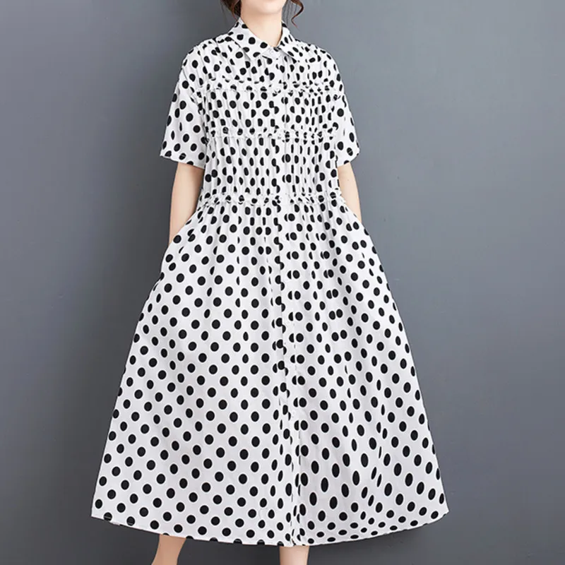 #3484 Black White Polka Dot Printed A-line Shirt Dress Short Sleeve Loose Pockets Vintage Office Midi Dress Female Vestidos Thin