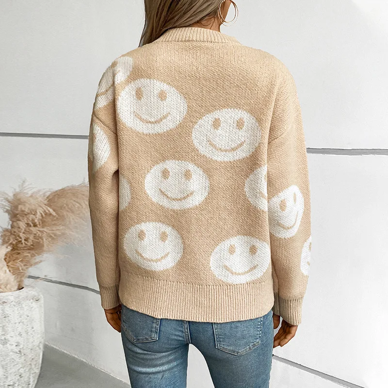 Smiling face pattern pullover cross-border knitted sweater top for women, autumn and winter new loose round neck European and Am