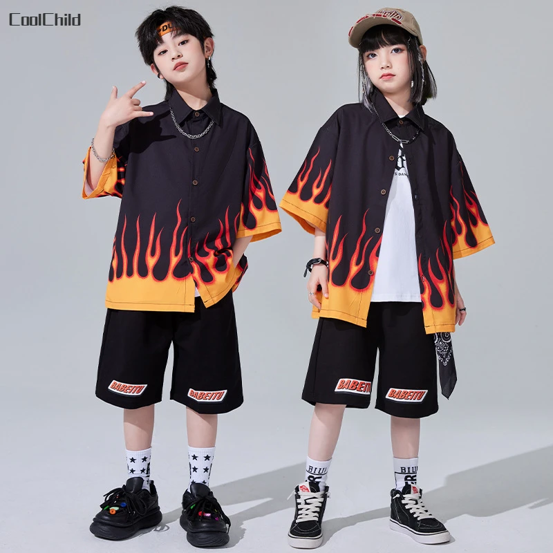 Boys Hip Hop Short Sleeved Flame Shirt Street Dance Cargo Shorts Girls Fire Blouse Children Summer Streetwear Kids Clothes Sets