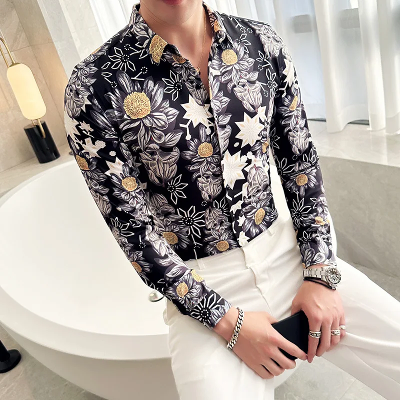 Luxury Flower Shirt for Men 2023 Autumn Winter Long Sleeve Casual Shirts Slim Fit Business Social Party Tuxedo Blouse M-6XL