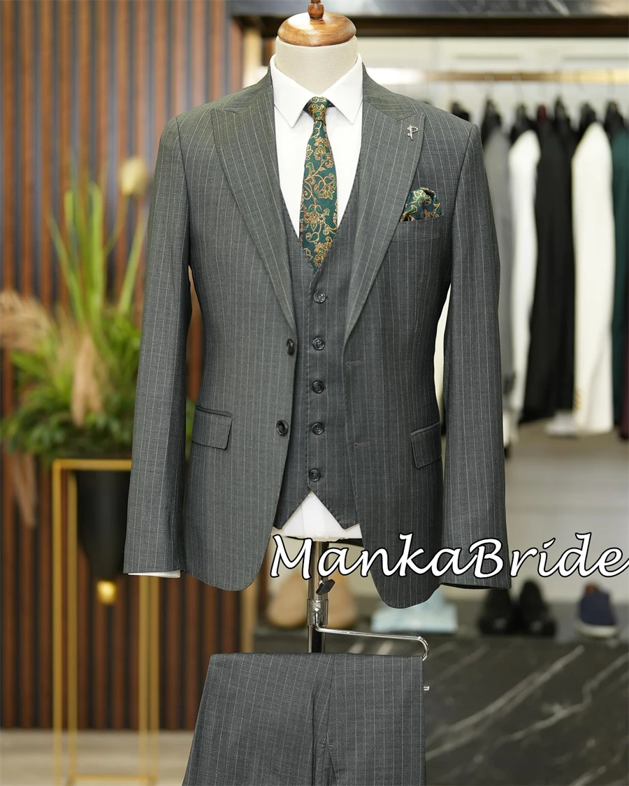 Grey Stripe Groomsmen Suit, Blazer de negócios personalizado, Terno masculino clássico, Colete de festa de casamento, Terno de escritório