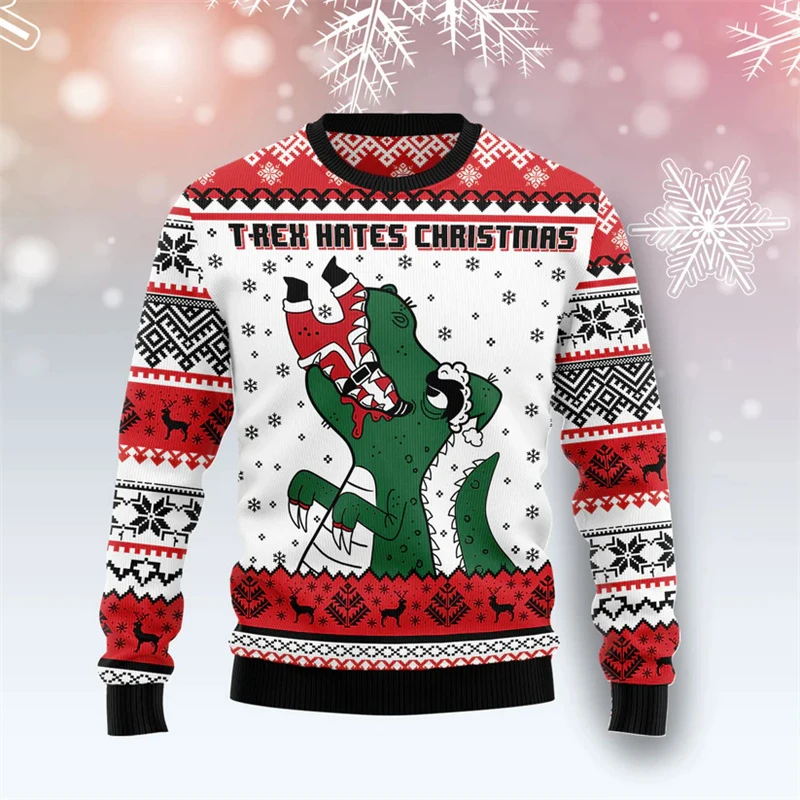 

Cartoon T-rex Dinosaur Ugly Christmas Sweater Men Cute 3D Printed Animal Sweatshirts New Year Festival Merry Christmas Hoodies