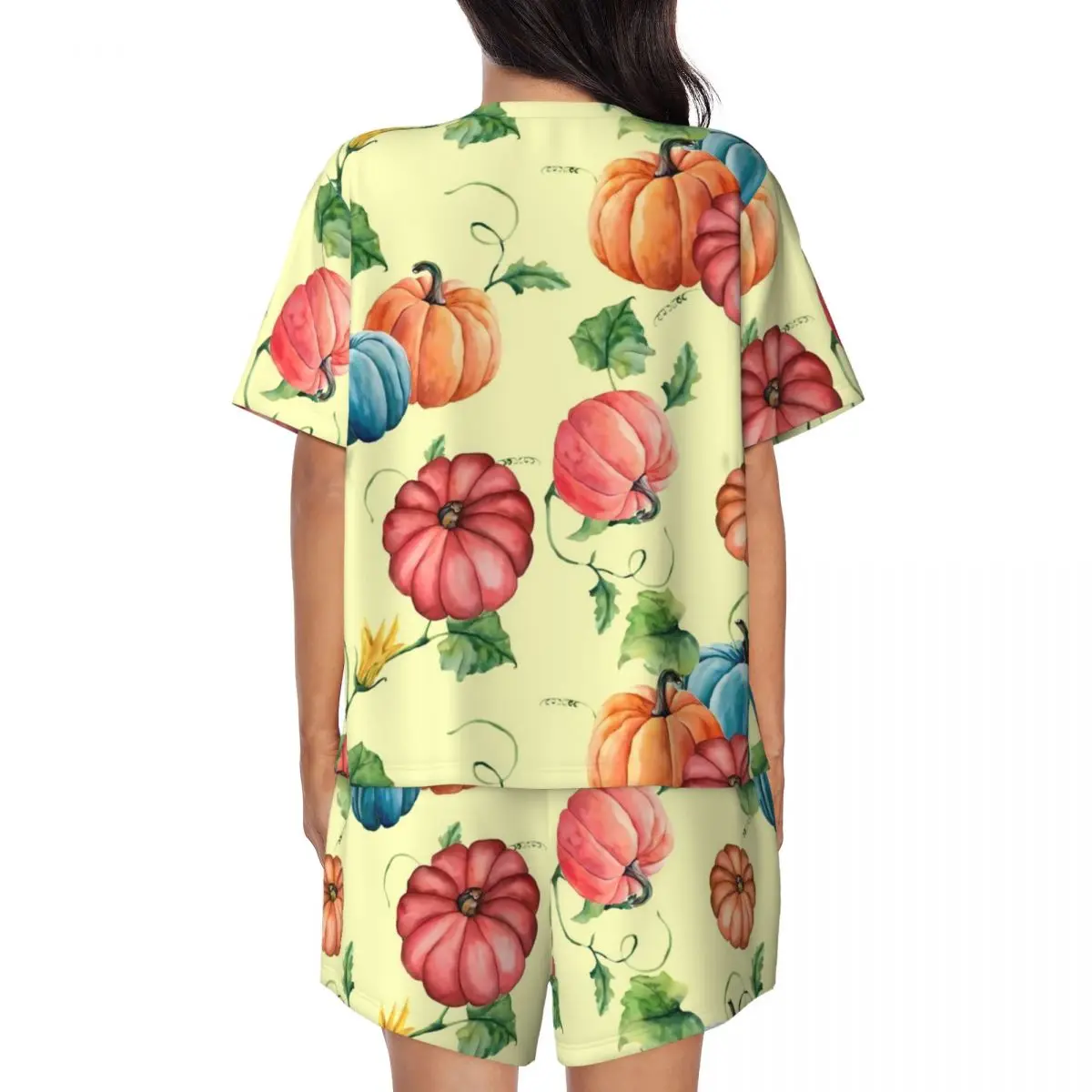 Pumpkins Print Pajamas Short-Sleeve Orange and Blue 2 Pieces Sleep Pajama Sets Daily Women O Neck Vintage Nightwear