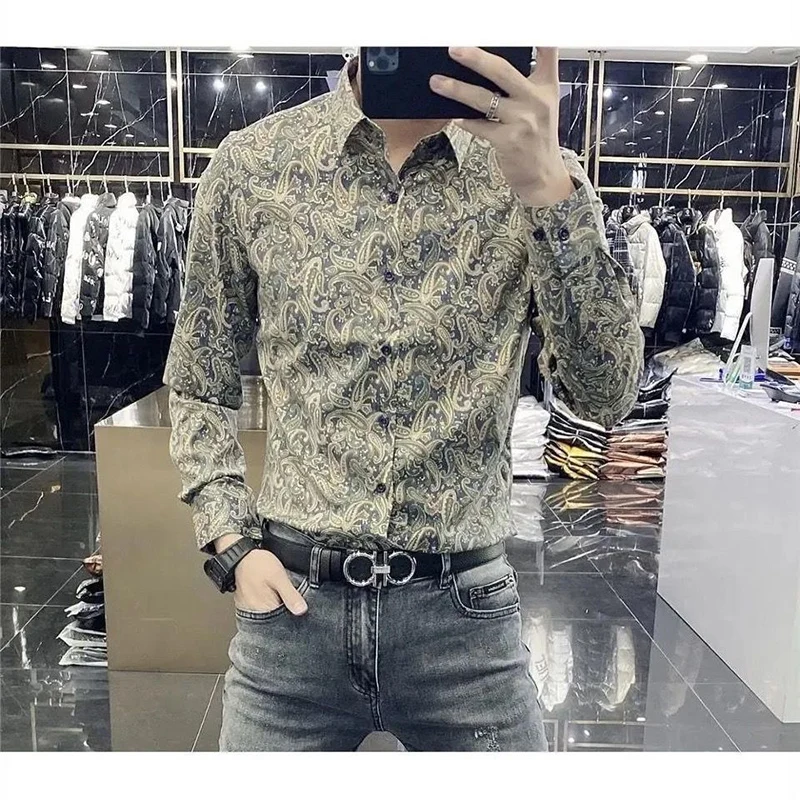 

Vintage Printed Lapel Button Loose Korean Shirts Men's Clothing 2023 Autumn Winter Oversized All-match Tops Casual Shirt