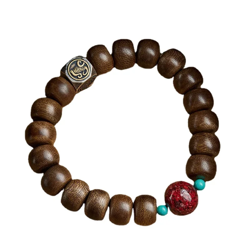 Aloe Wood Hand String Female Old Material Wenwan Holding Buddha Beads Vermilion Turquoise Bracelet Four Divine Beasts Sandalwood