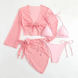 Cute Pink Bandage Swimsuit Cover-up Triangle Bikini Thong Halter Swimwear 4-Piece Trend Bikinis Beach Outfit Women Bathing Suits