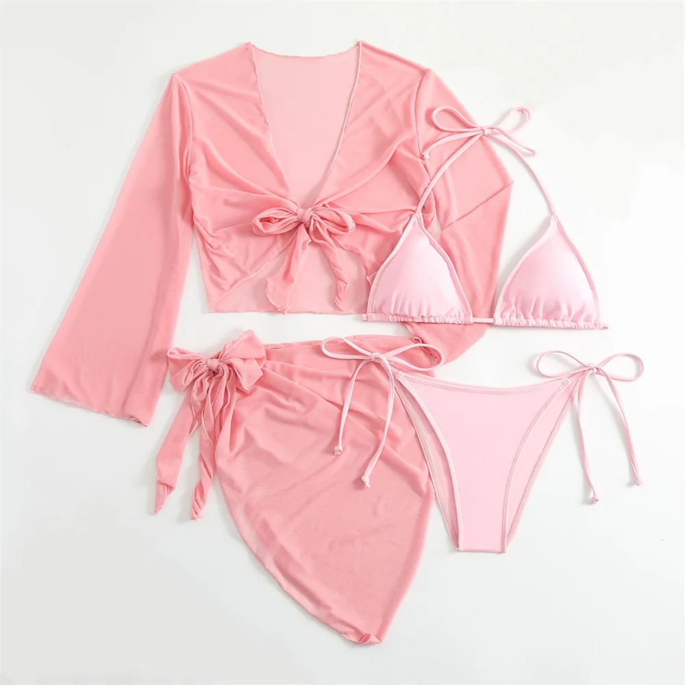Śliczny różowy bandażowy strój kąpielowy Cover-up trójkątne bikini stringi Halter stroje kąpielowe 4-częściowy Trend bikini strój plażowy damskie kostiumy kąpielowe