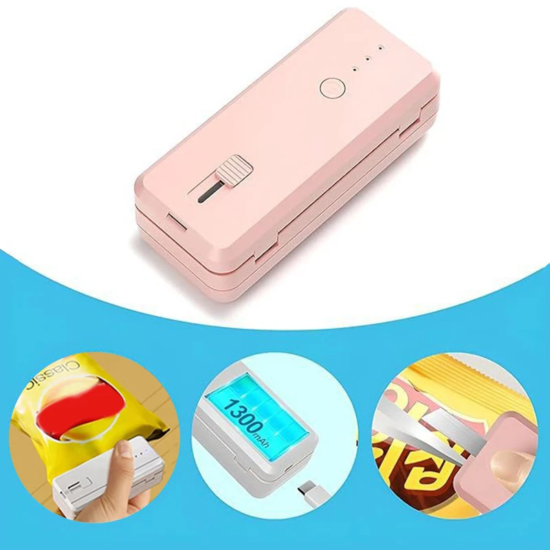 Mini selador de saco com vedação térmica, 1300mAh recarregável com cortador, modos de calor triplos