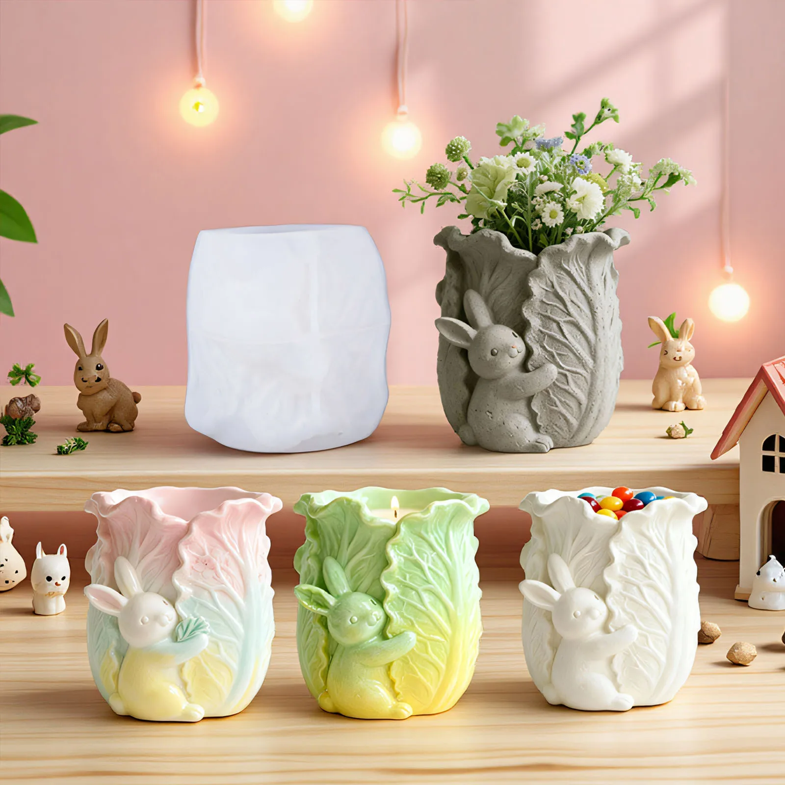 

DIY Epoxy Film with Aromatherapy Candle Cup Vase Storage Silicone Mold Jade Rabbit Cabbage Gypsum Cup Production Mould