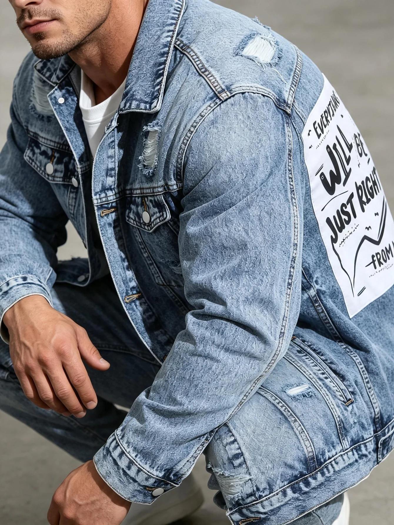 Distressed Men's Y2K Denim Jacket American Street Trendy Lapel Jean Coat Romantic Gift for Lover & Husband