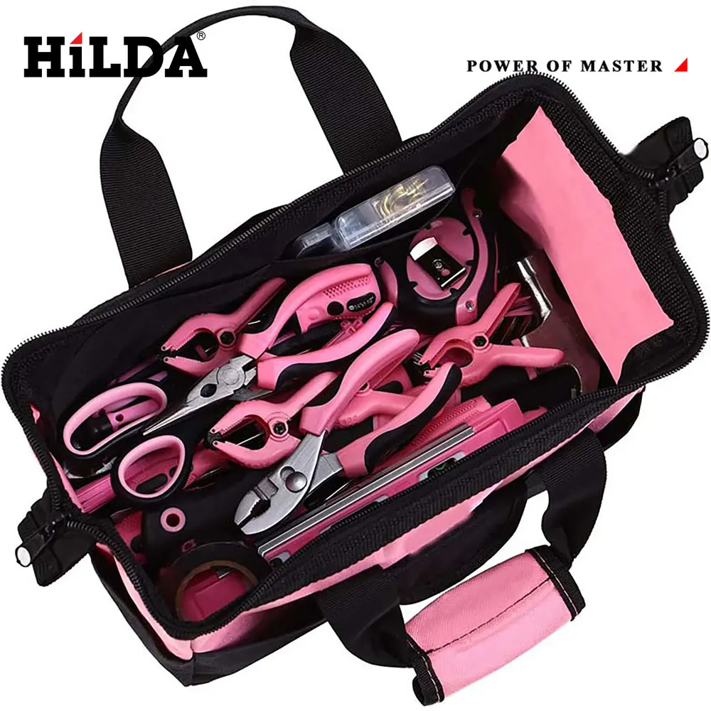 HILDA Pink Tool Bag Multi Functional Maintenance Electrician Shoulder Bag Large Capacity Oxford Canvas Storage and Organization