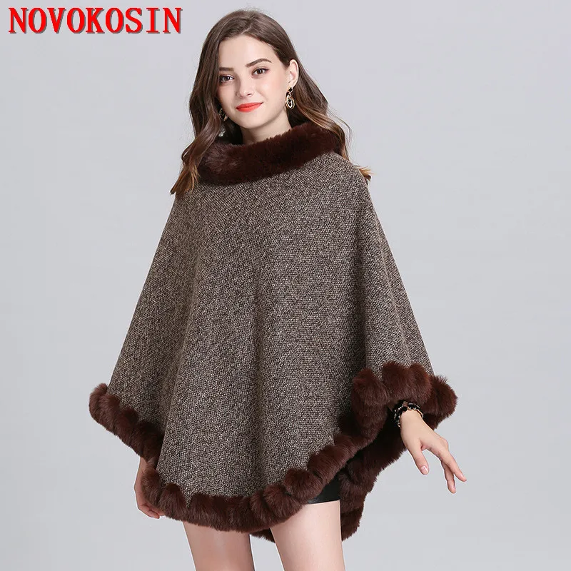 

10 Colors Solid Poncho Plus Size Pullover Shawl Coat Winter Velvet Warm O Neck Hole String Faux Fox Fur Women Loose Capes