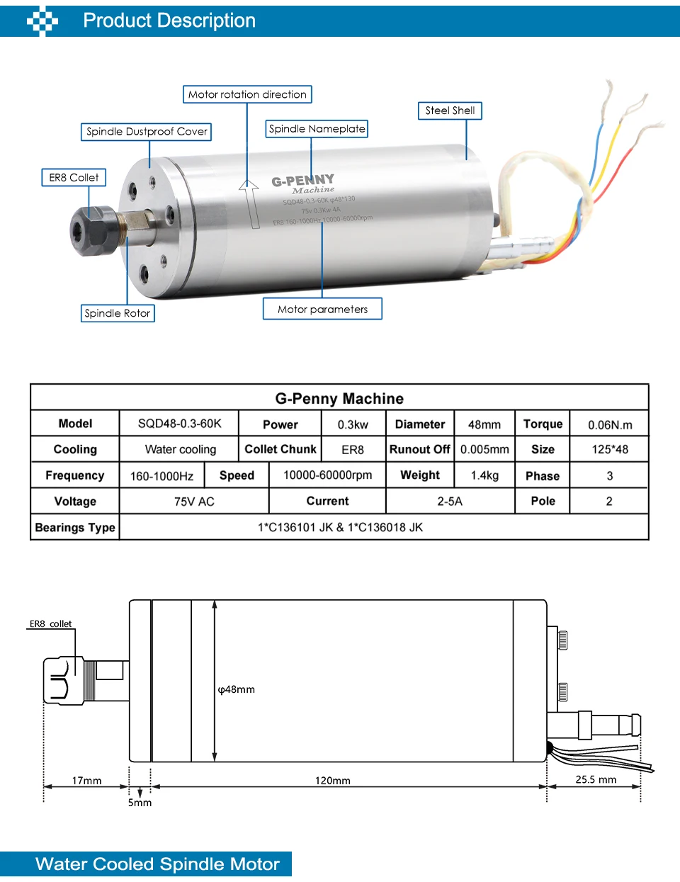 G-Penny 300W 75V ER8 Wassergekühlter Spindelmotor 48mm 60000U/min 1000Hz und 220V 1,5kW BD600 Wechselrichter – Detail 2