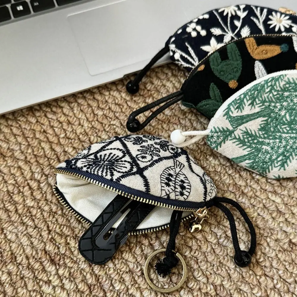 Portable Ethnic Style Coin Purse Cotton Linen Flower Pull Type Key Bag Lightweight Korean Style Embroidery Storage Bag Key Bag