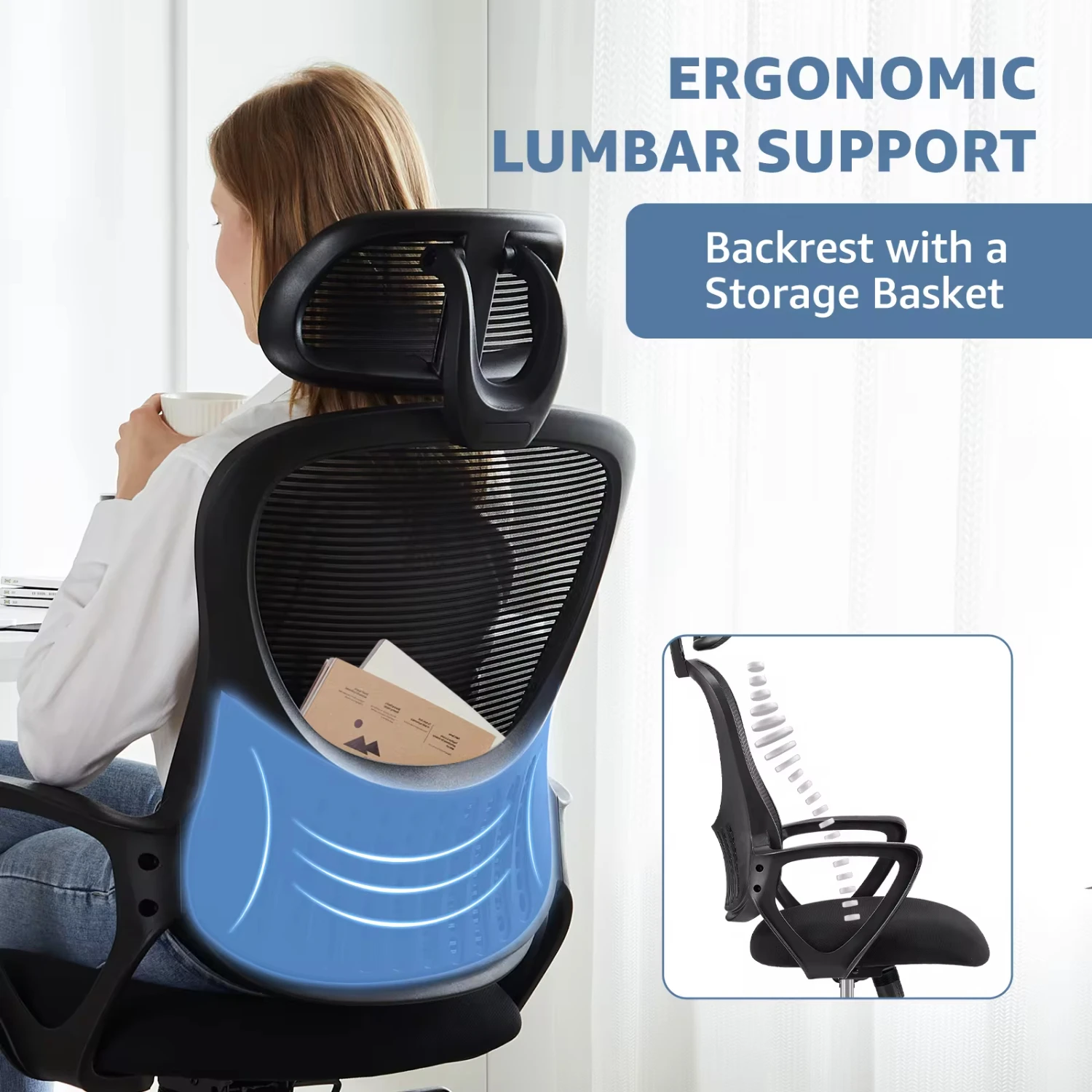 Ergonomic Mesh Fixed Armrest Office Computer Desk Chair Adjustable Headrests Comfortable Lumbar Support   Office