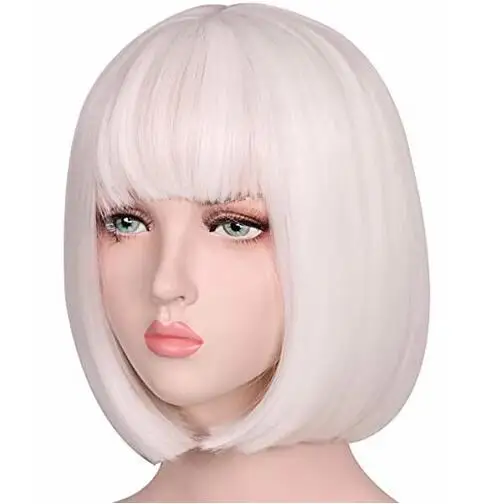 Women Short Straight Pure White Synthetic Hair Wig Heat Resistant Fiber for Party Costume