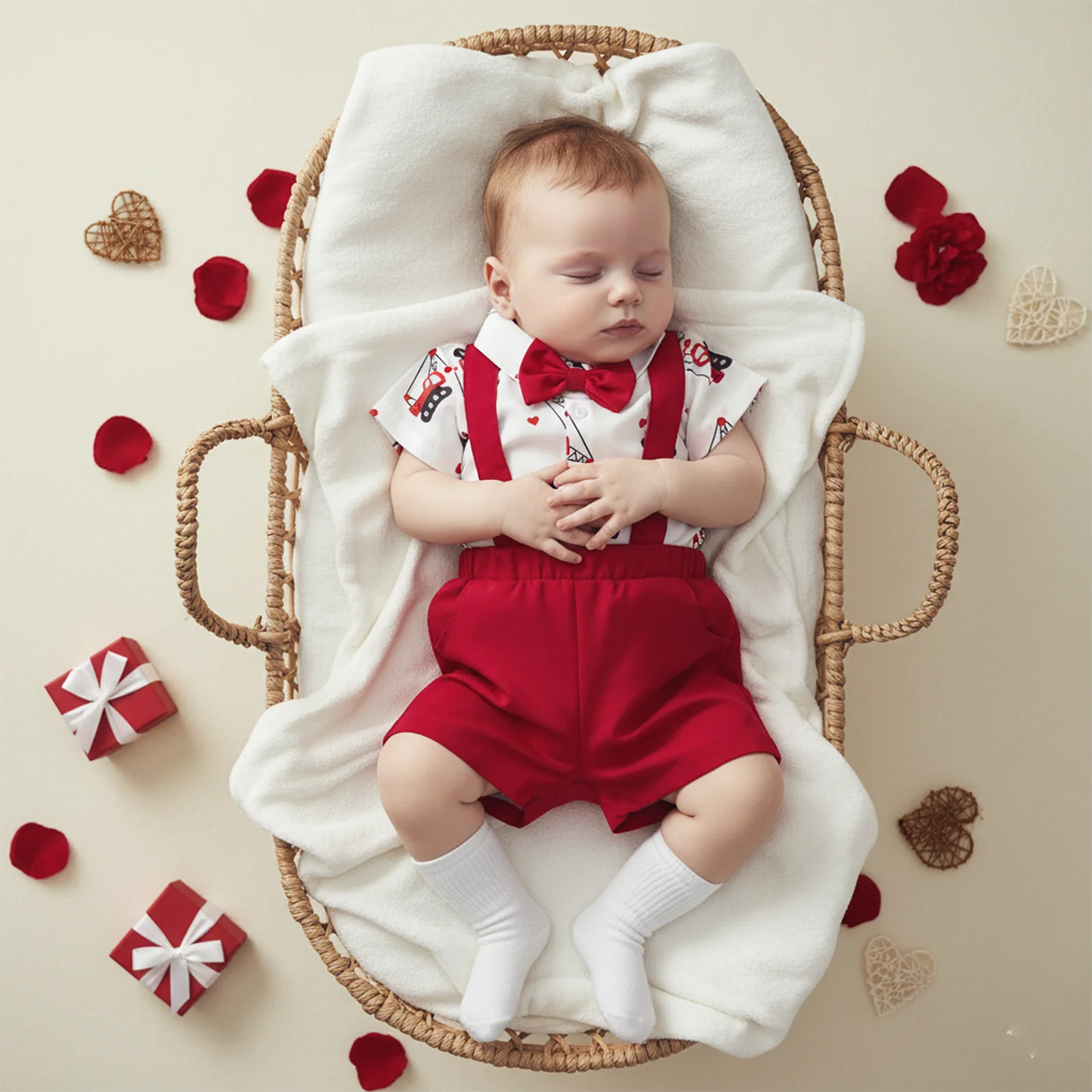 طقم شورت رسمي لطيف للأطفال الأولاد رومبير مطبوع عليه حفارة مع شورت عام صلب ملابس للأولاد في عيد الحب #1