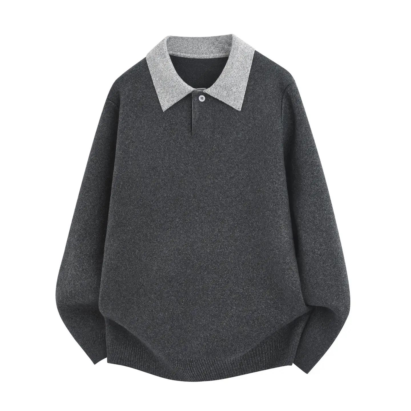 للجنسين كتلة اللون بدوره إلى أسفل طوق متماسكة سترة - رمادي فاتح (أسود-رمادي) M-2XL الخريف زوجين فضفاضة تناسب بلايز عادية #1