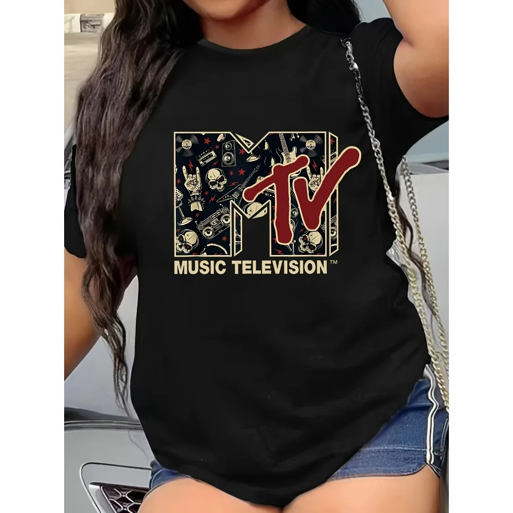 Damska koszulka plus size z nadrukiem czaszki, na co dzień z krótkim rękawem, gotycka koszulka „MV” z motywem telewizji muzycznej, kostium festiwalu muzycznego