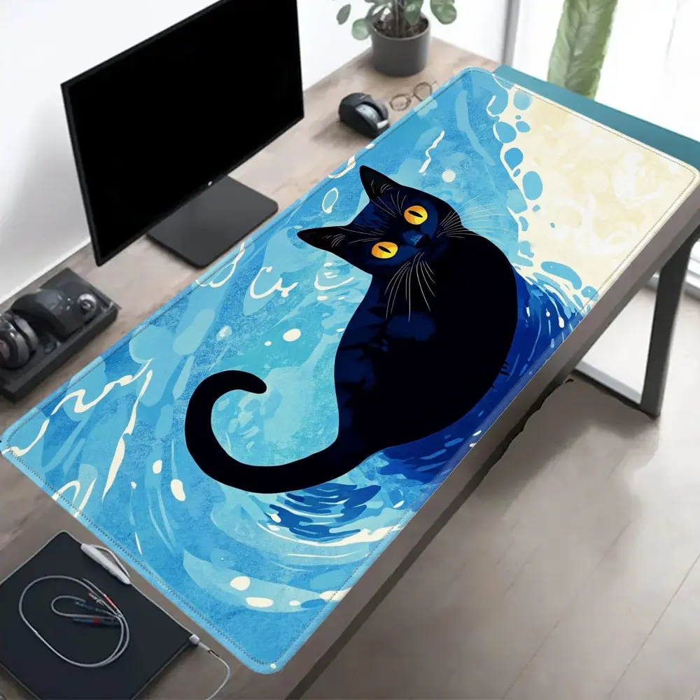 

Ocean Wave Black Cat Extended Desk Mat, Large Non-Slip Mouse Pad, Blue Water Aesthetic Gaming Decor