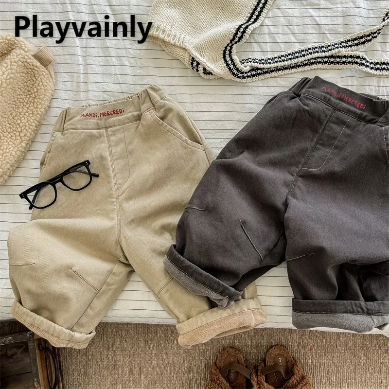 

Детские повседневные брюки в корейском стиле, новинка 2023 года, весна-осень, темно-серые флисовые утепленные широкие брюки цвета хаки для мальчиков и девочек, A5631