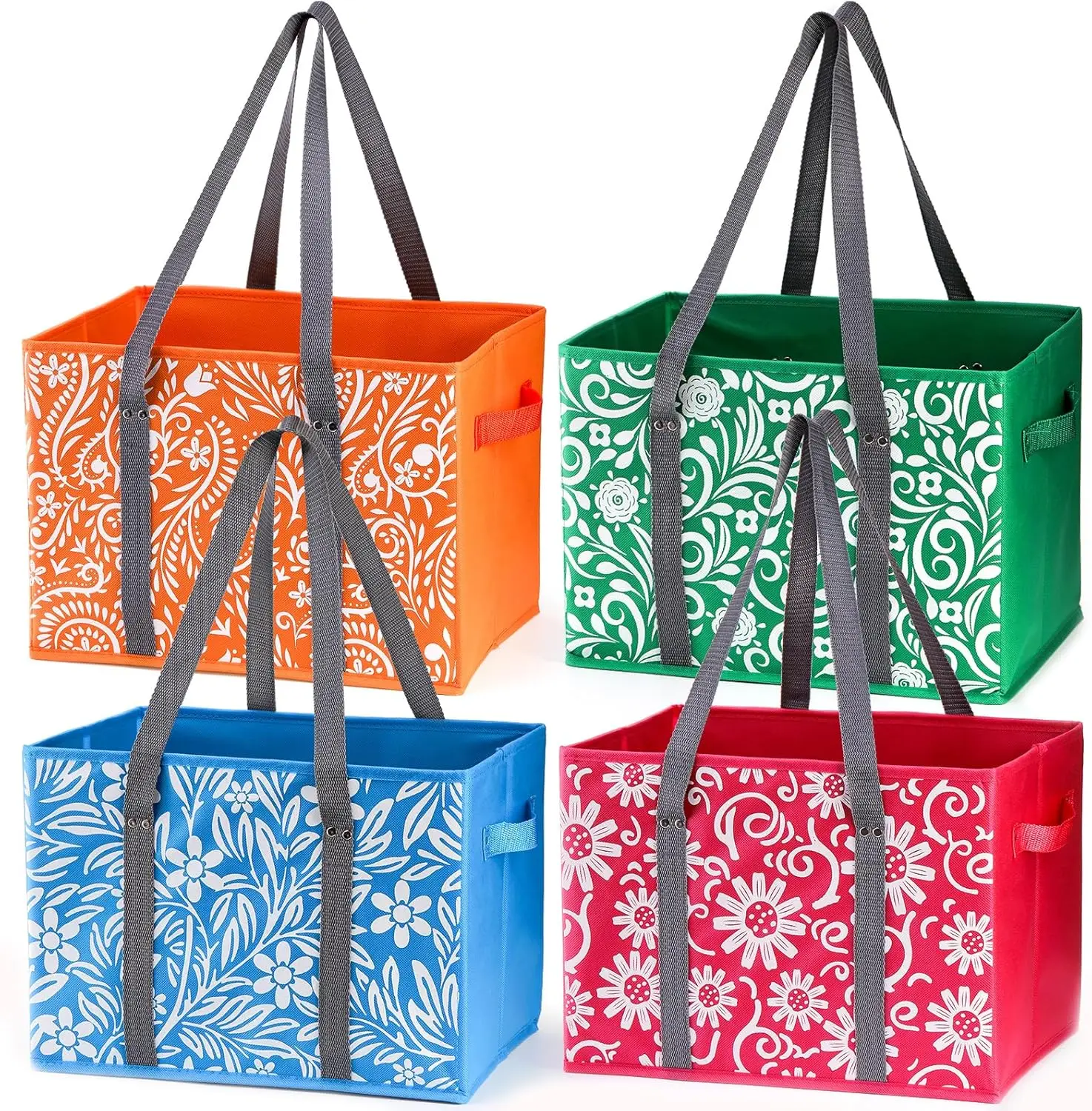 

4 Pack Reusable Grocery Bags, Collapsible Large Storage Box with Reinforced Bottom and Handles, Heavy Duty Foldable Shopping