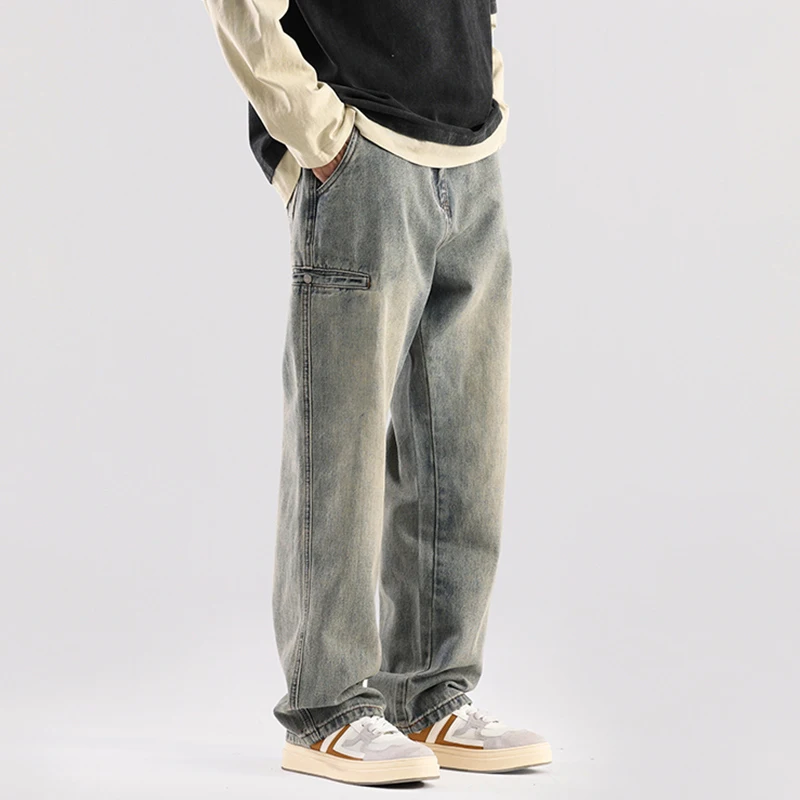 

American Style Vintage Casual Yellow Clay Dyed Jeans Men's Straight Loose Wide Leg Trendy Brand Long Pants Autumn Drapey Pants