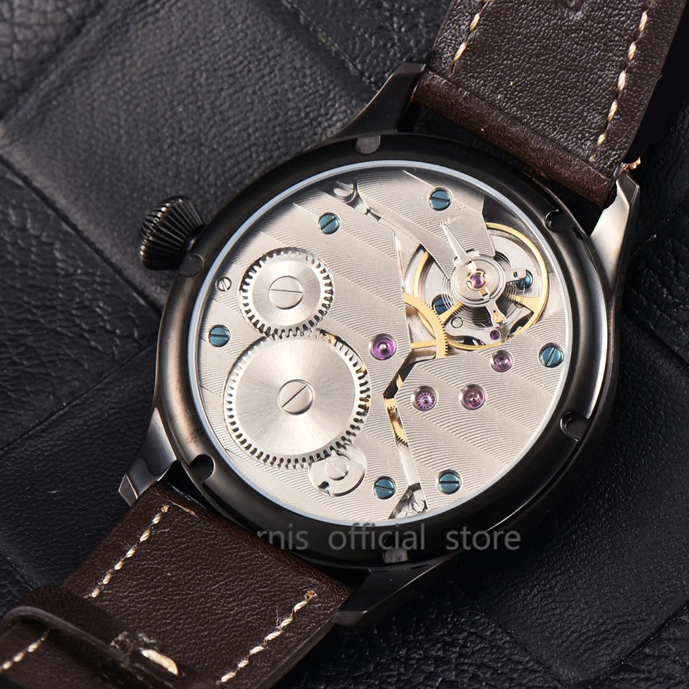 2023 Parnis 44mm Black Case Mens Watch Top Luxury Brand Hand Winding Mechanical Watches 17 Jewels Men\'s Wrist Watches Man Clock