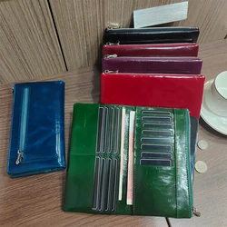 Retro Waxed Genuine Cow Leather Bil-fold Long Wallet Women Solid Color Back Zipper Pocket Clutch Purse Card Holders Money Bag
