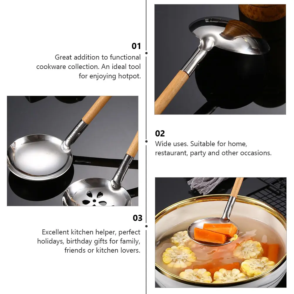 

2pcs 304 Stainless Steel Soup Ladle Wooden Handle Hotpot Slotted Spoon For Straining Stirring Soup Sauce Gravy Vegetables