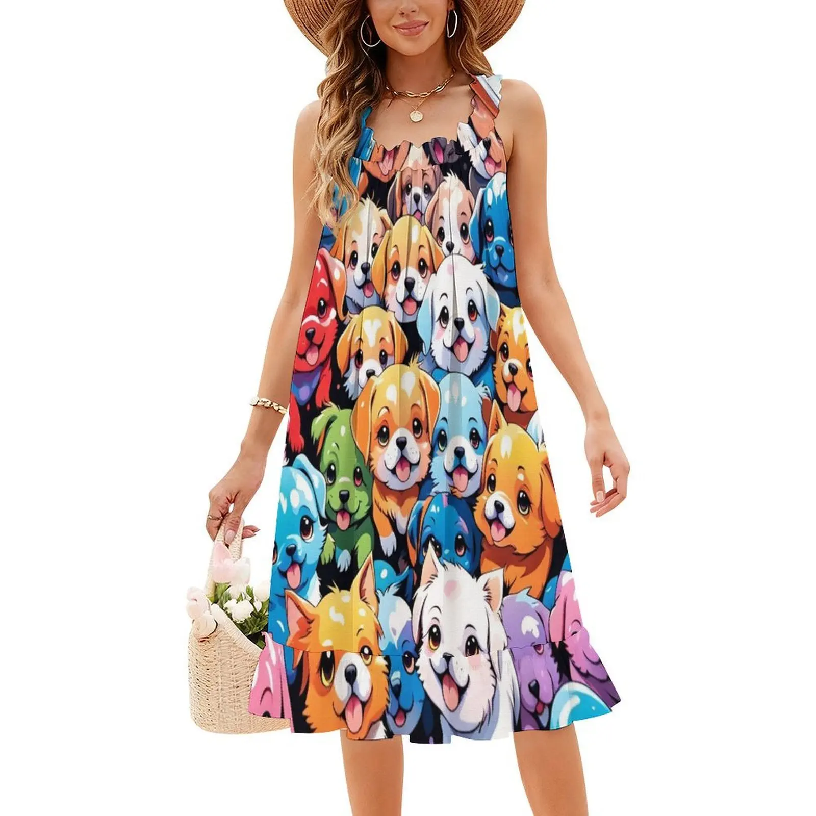 الجراء البوهيمي فستان بلا أكمام متعدد المطبوعات شاطئ عطلة فستان الحفلات الجراء الجراء لطيف نمط رائعتين الملابس النسائية #4