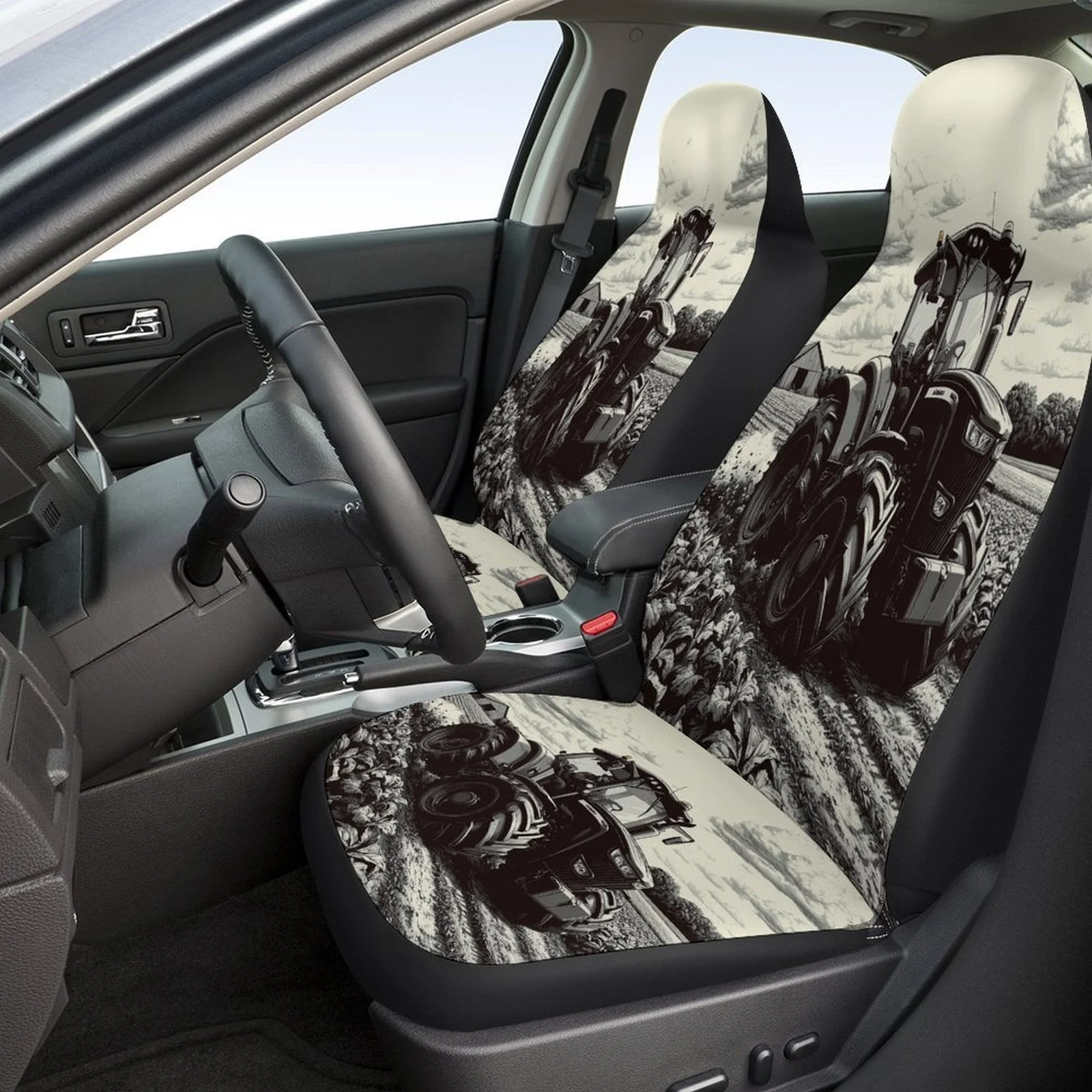 Set Of Car Seat Covers Themed Around Tractor Field Work, Suitable For Most Vehicles. Stylish And High-Quality Protectors For The