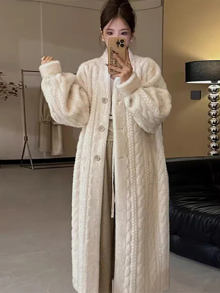 Women Fur Cardigan Thickened Long 2024 Autumn Winter V-neck Thin Jacket Female Loose Simple Leisure With Buttons Casual Fur Coat