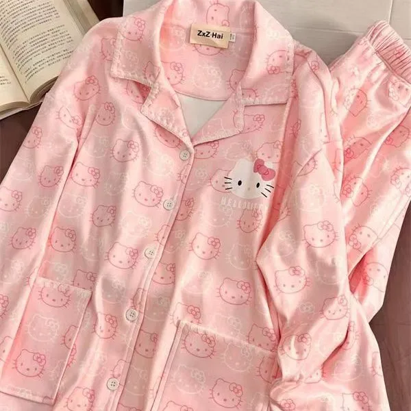 

Милый комплект женской пижамы Sanrio Hello Kitty: теплая флисовая домашняя одежда из велюра для сна и отдыха, новинка осени-зимы