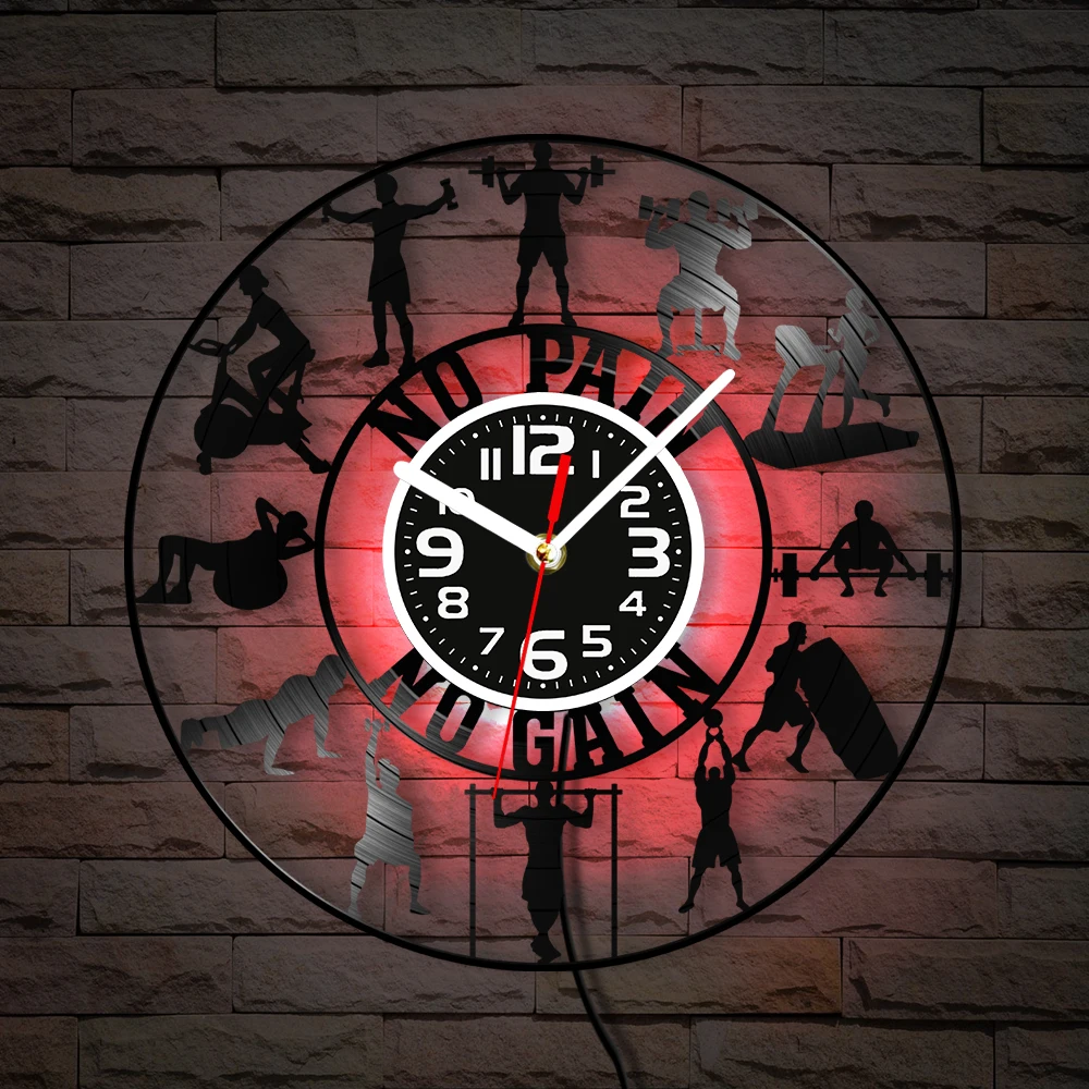Fitness Gym Vinyl Record Wall Clock for Workout Room Home Decor No Pain No Gain Quote Weight Lift Retro Music Album Wall Clock