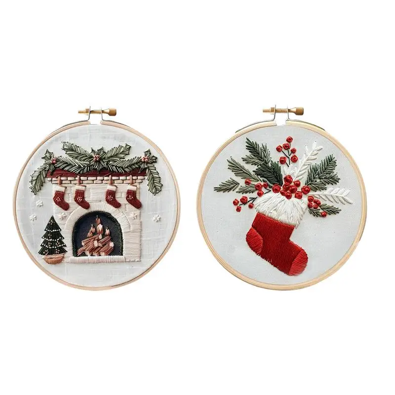 

Christmas Embroidery Kit Round Sewing Craft Set Fireplace Christmas Stockings Hand-Stitched Ornament for Beginner Xmas Gift