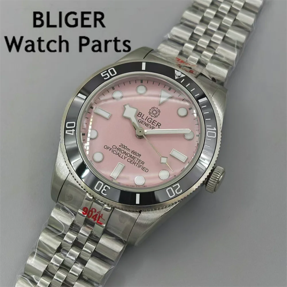 BLIGER 39mm Sterile NH35A PT5000 Men Watch Domed Sapphire Crystal Ceramics Bezel Pink Dial Green Luminous Automatic Wristwatch