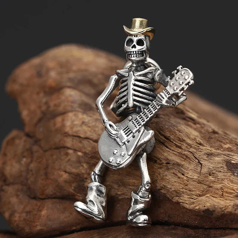 

Wholesale s925 sterling silver jewelry trendy punk rock guitarist skull pendant men's personalized Thai silver pendant