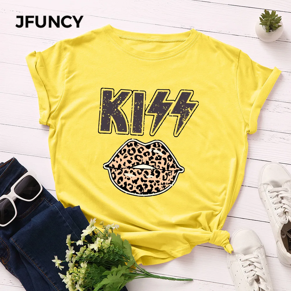 JFUNCY  Women T Shirt New KISS Print T-shirts Female Short Sleeve Cotton Tees Tops Woman Summer Tshirt