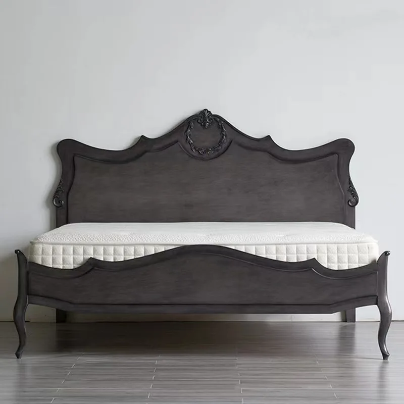 Solid wood double bed high back pillar bed furniture