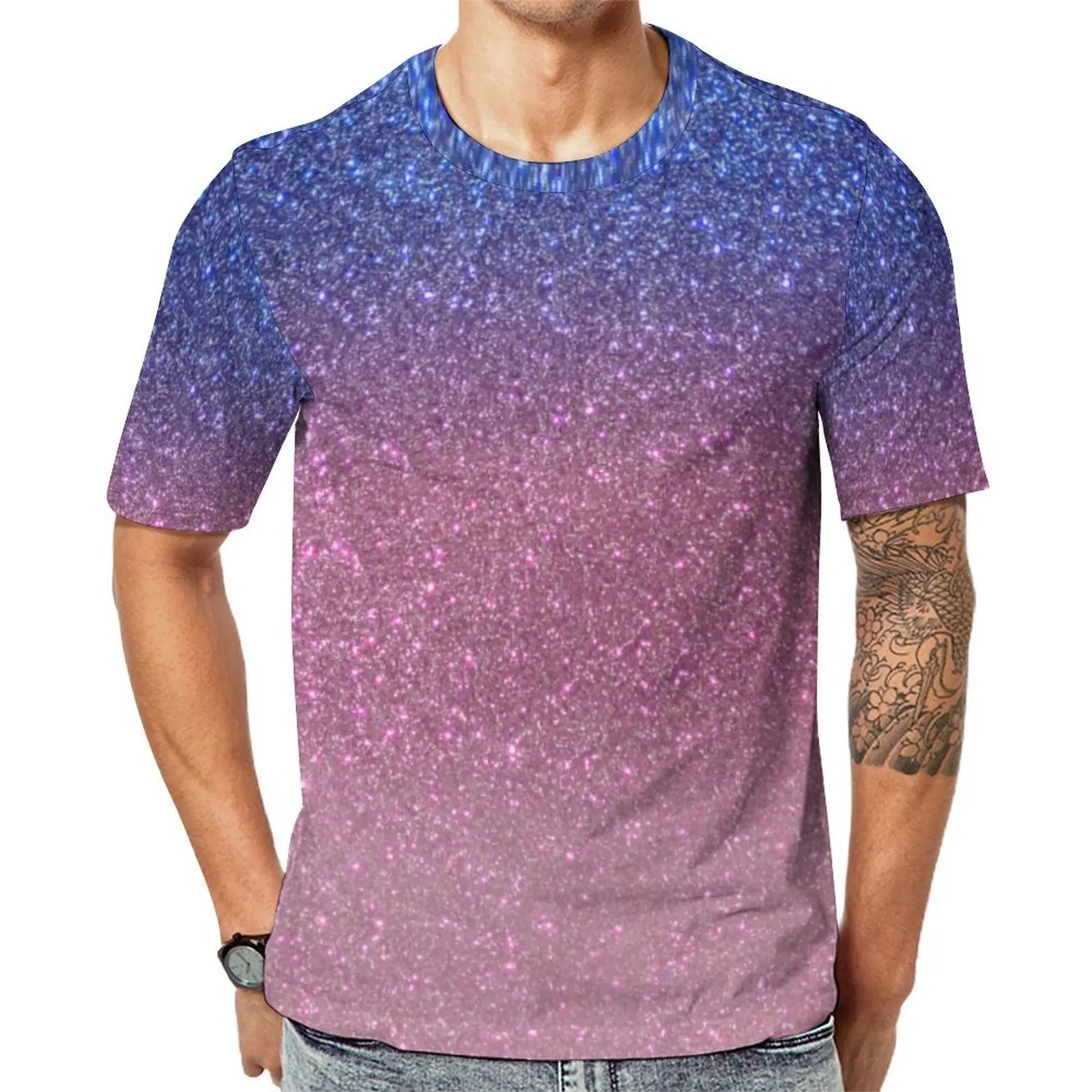 Glitter Ombre Print T-Shirt Blue Pink Sparkly Fashion T Shirts Man Classic Tshirt Original Short Sleeve Graphic Tees Big Size