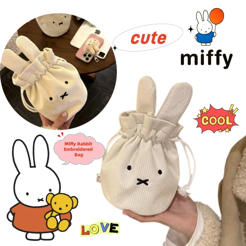 Miffy Corduroy Bundle Pocket Anime Cute Print Large Capacity Portable Makeup Storage Bag Kawaii Drawstring Women's Bag Gift