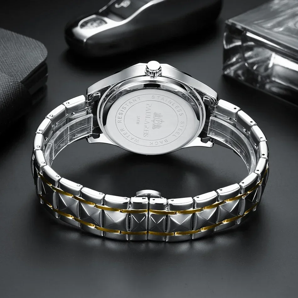 ساعات فاخرة للرجال مضيئة بتقويم مزدوج ذهبي وأزرق وأخضر كوارتز كاجوال على شكل ألماس من الفولاذ المقاوم للصدأ